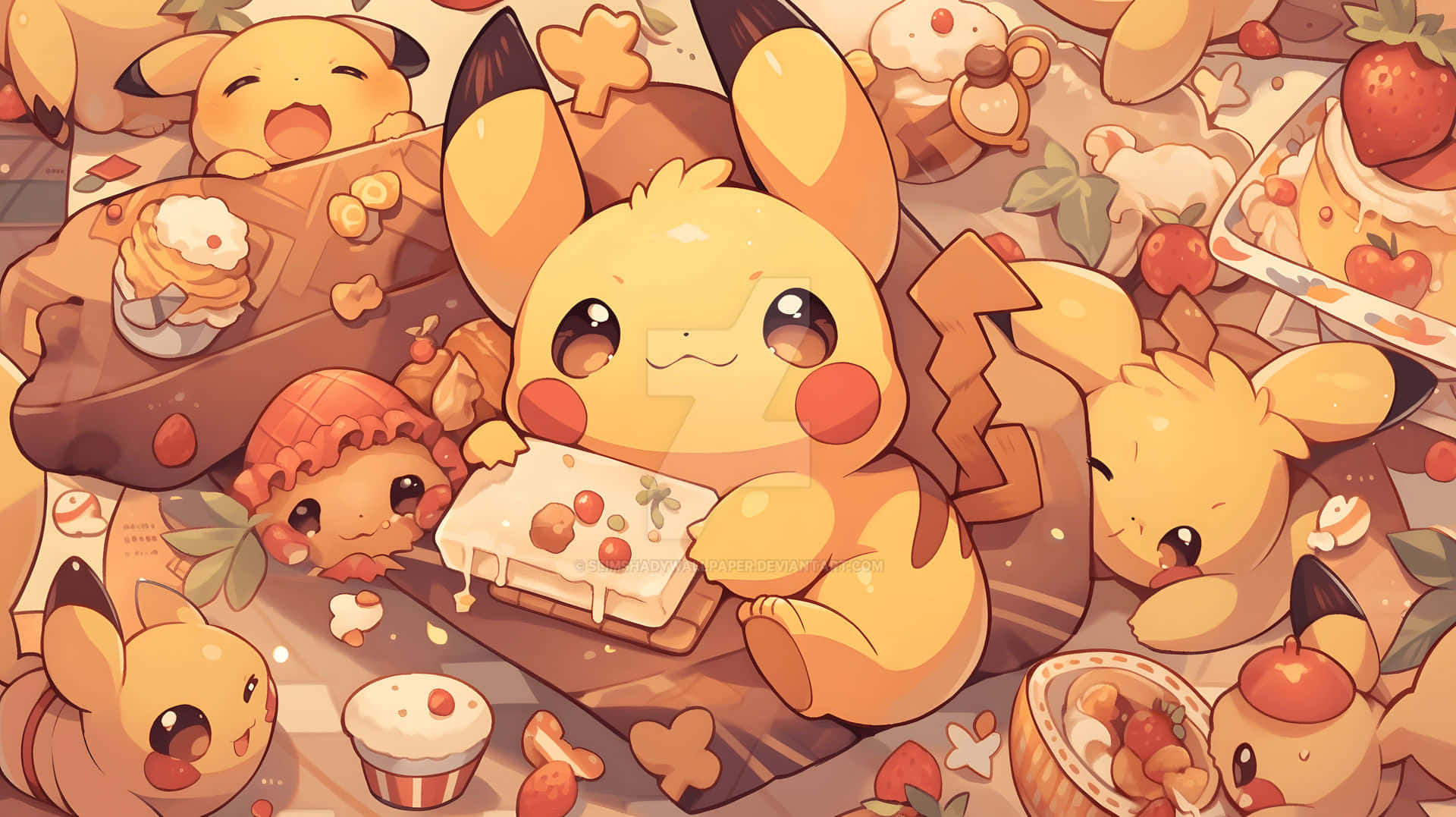 Kawaii Pokemon Pikachuand Friends Dessert Time Wallpaper