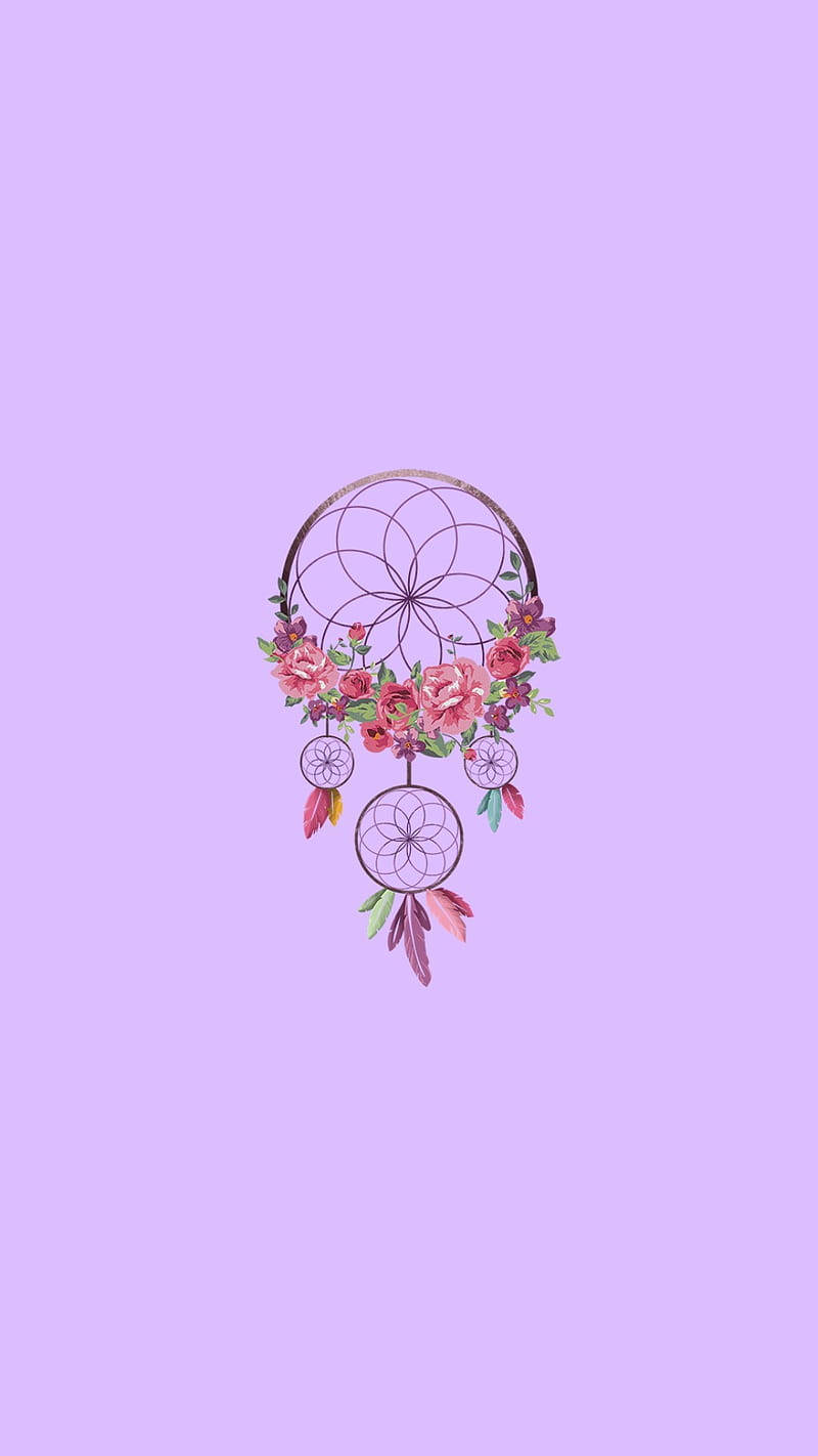 Kawaii lilla drømmefange med blomster Wallpaper
