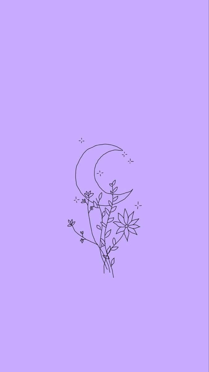 Kawaii Purple Flowers And Moon Wallpaper