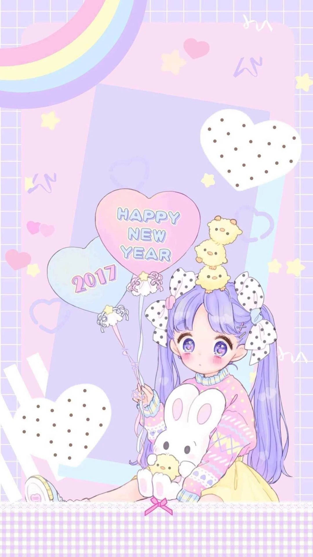 Kawaii Purple Girl With Rainbows Wallpaper