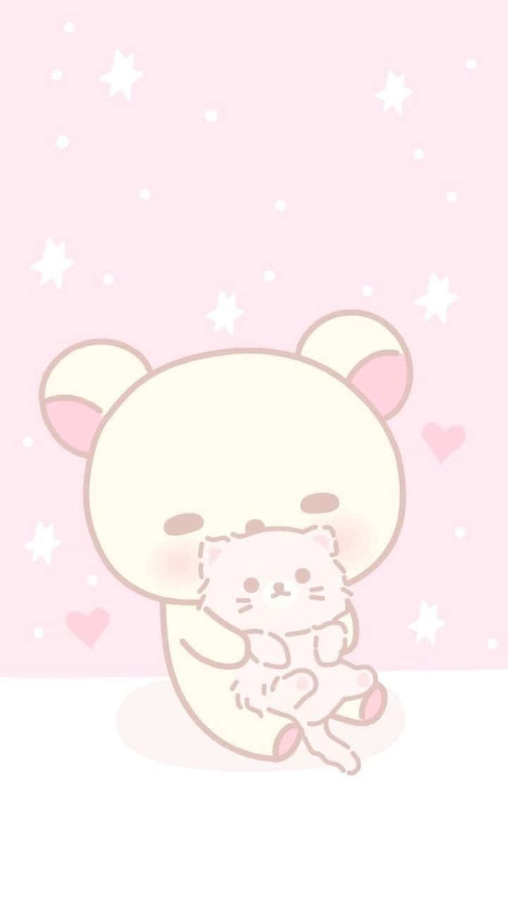 A Cute Kawaii Bear Holding A Pink Kitten Wallpaper