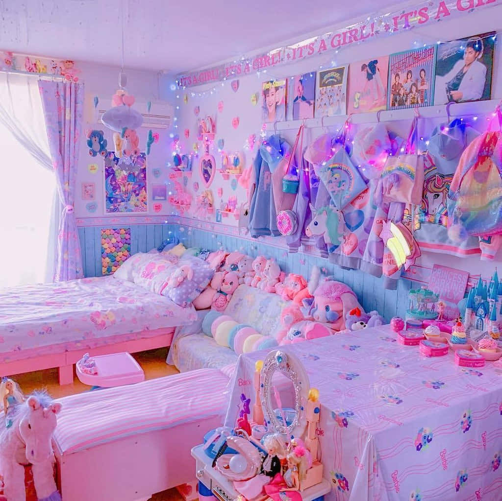 Kawaii Room with Pastel Decorations and Cute Accessories Wallpaper