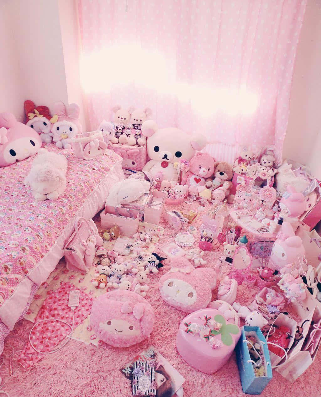 A cozy and enchanting Kawaii-themed room with adorable pastel decorations and plushies. Wallpaper