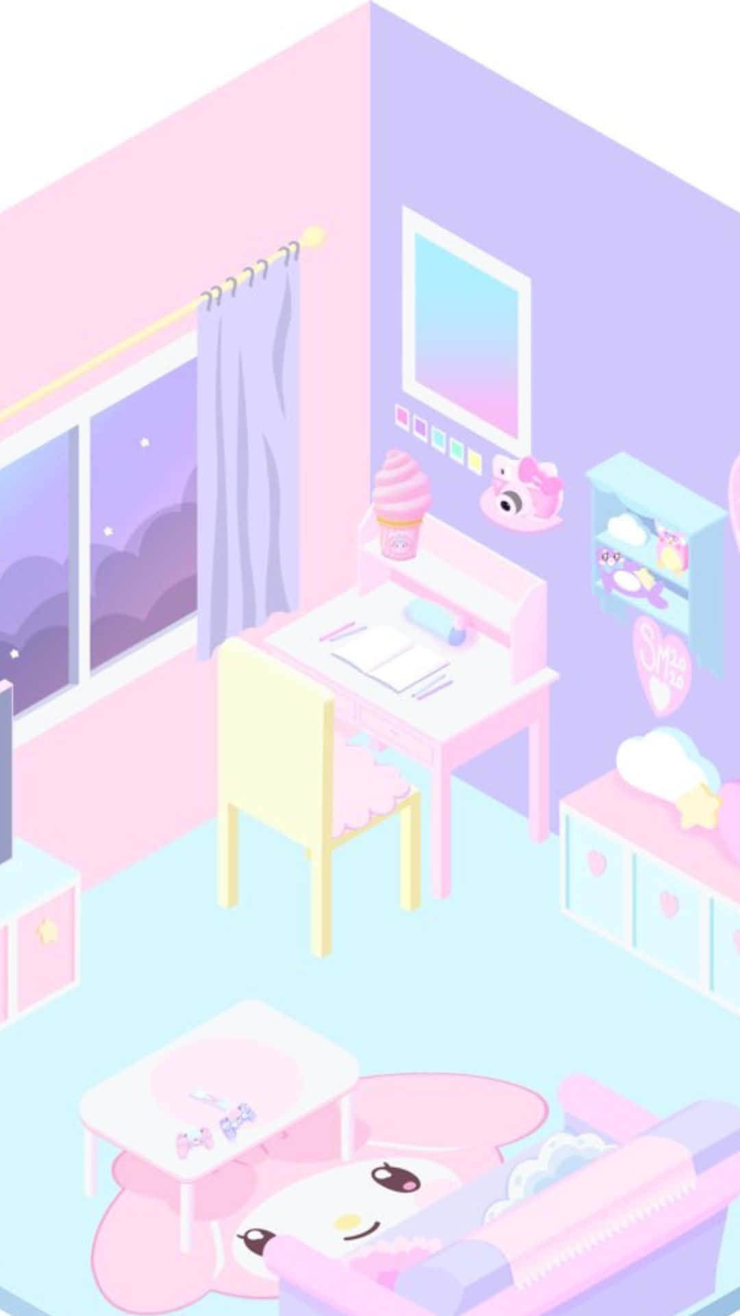 A pastel pink kawaii room showcasing a collection of cute and adorable decorations and furniture Wallpaper