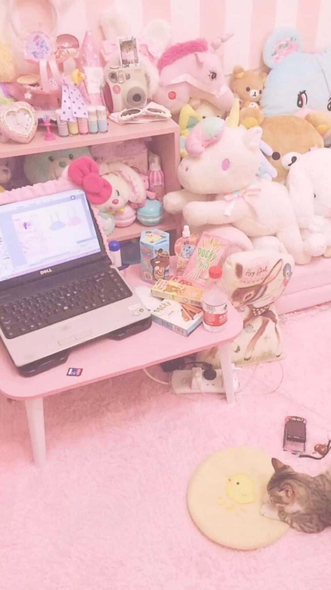 A spacious and charming Kawaii-inspired room filled with adorable plushies, pastel colors, and cute decorations. Wallpaper