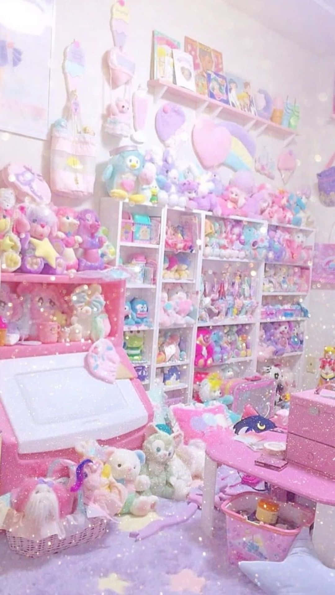 Adorable Kawaii-themed room with pastel colors and plushies Wallpaper