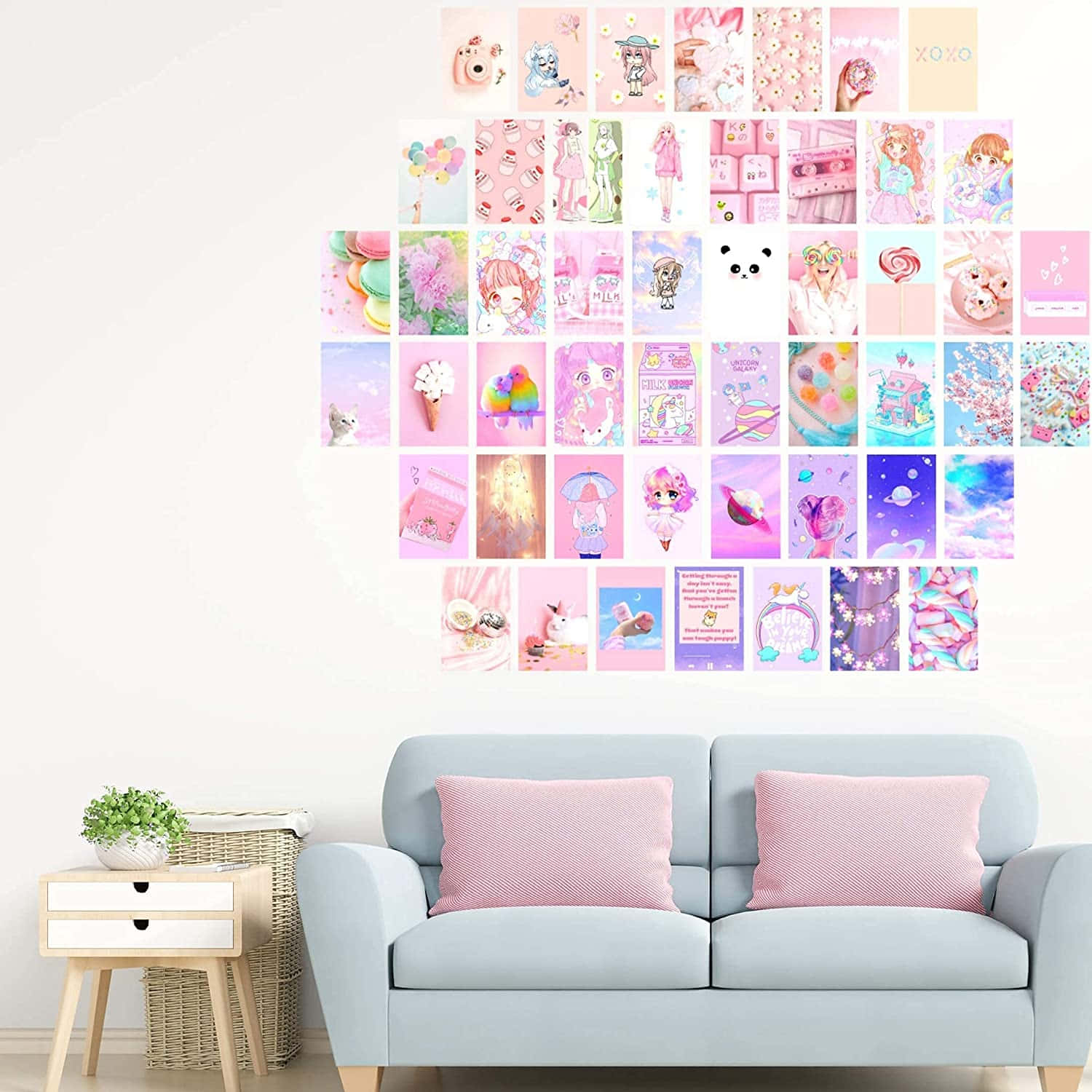 Adorable Kawaii-styled bedroom with colorful decorations and cozy atmosphere Wallpaper