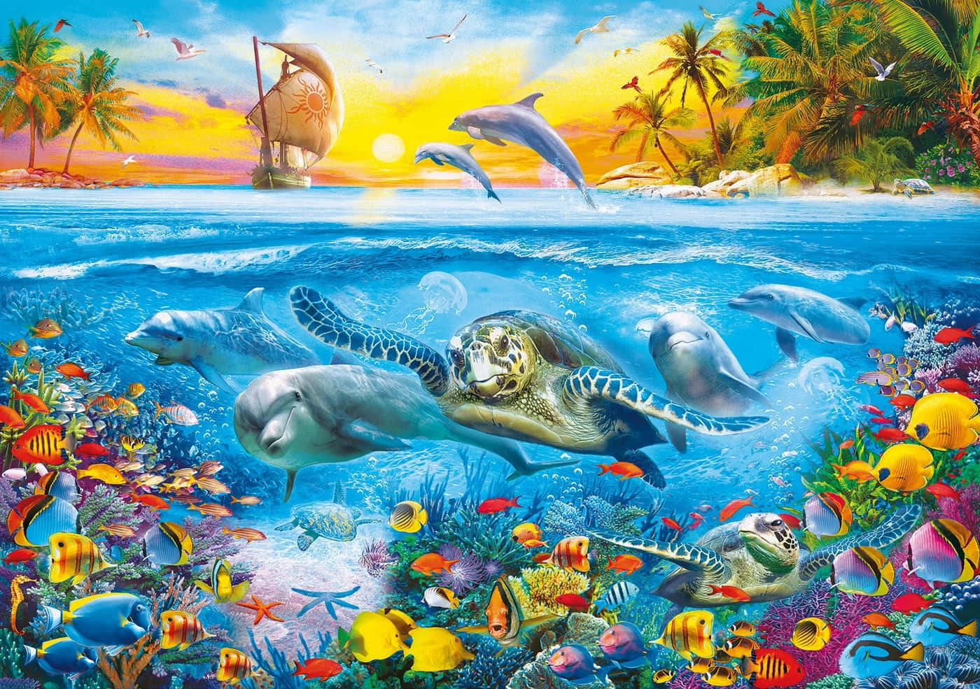 Adorable Kawaii Sea Creatures Swimming Happily Wallpaper