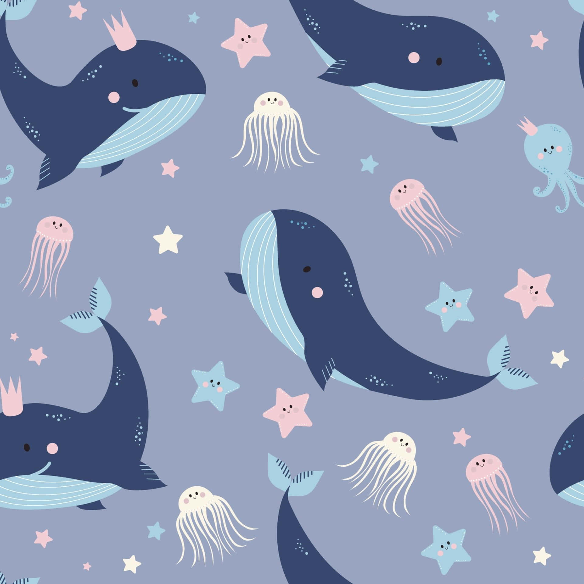 A collection of colorful Kawaii sea creatures happily swimming underwater Wallpaper