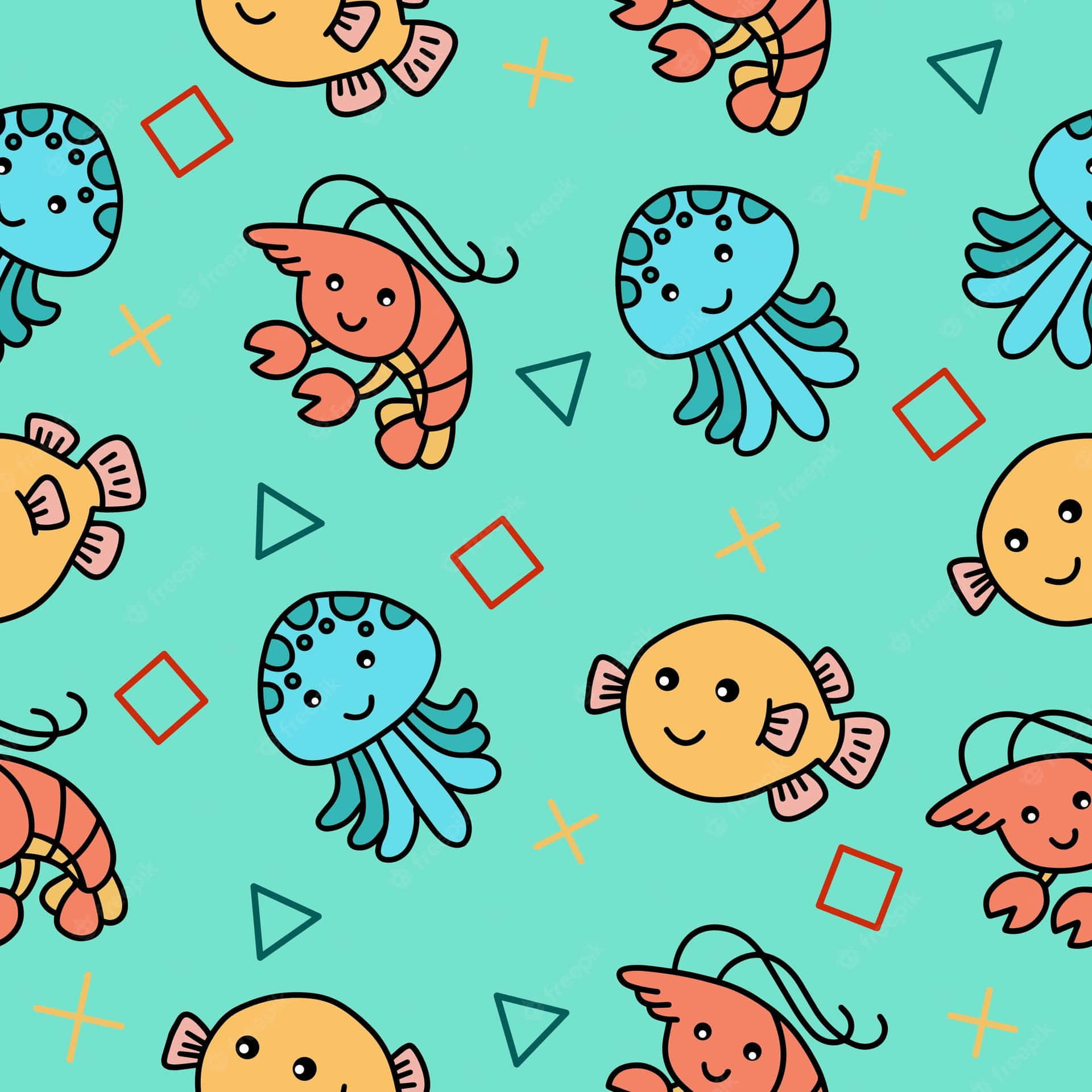 Adorable Kawaii Sea Creatures Enjoying Underwater Life Wallpaper