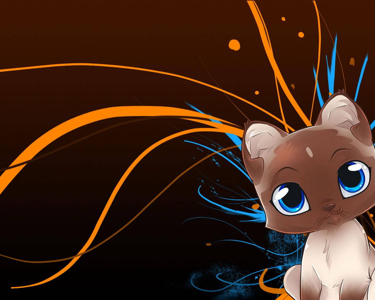 Kawaii Siamese Cat With Orange And Blue Lines Wallpaper