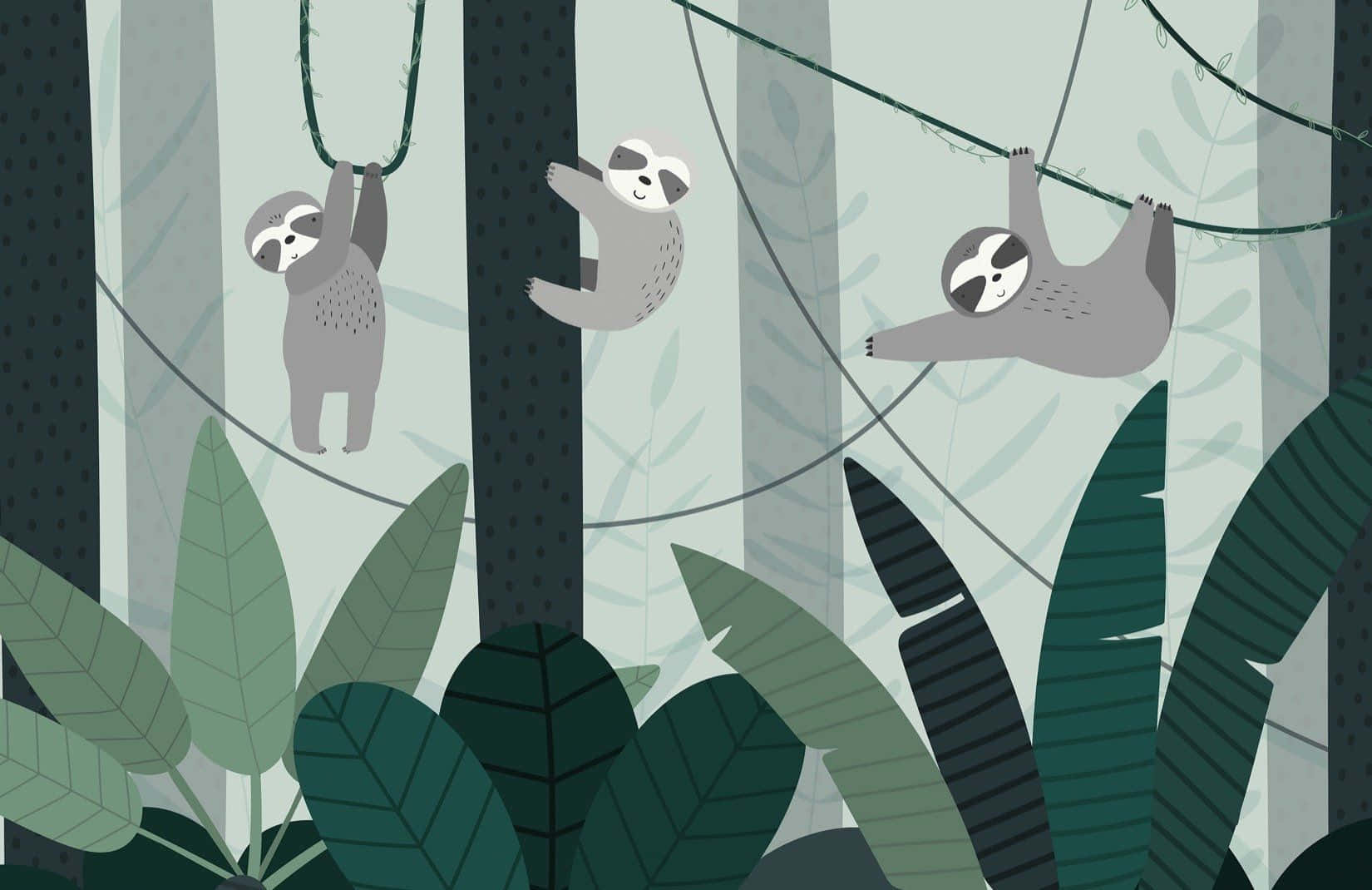 Adorable Kawaii Sloth Hanging from a Branch Wallpaper