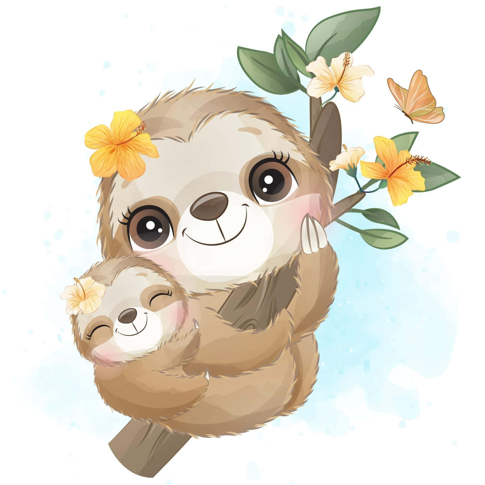 Adorable Kawaii Sloth Hanging from a Branch Wallpaper