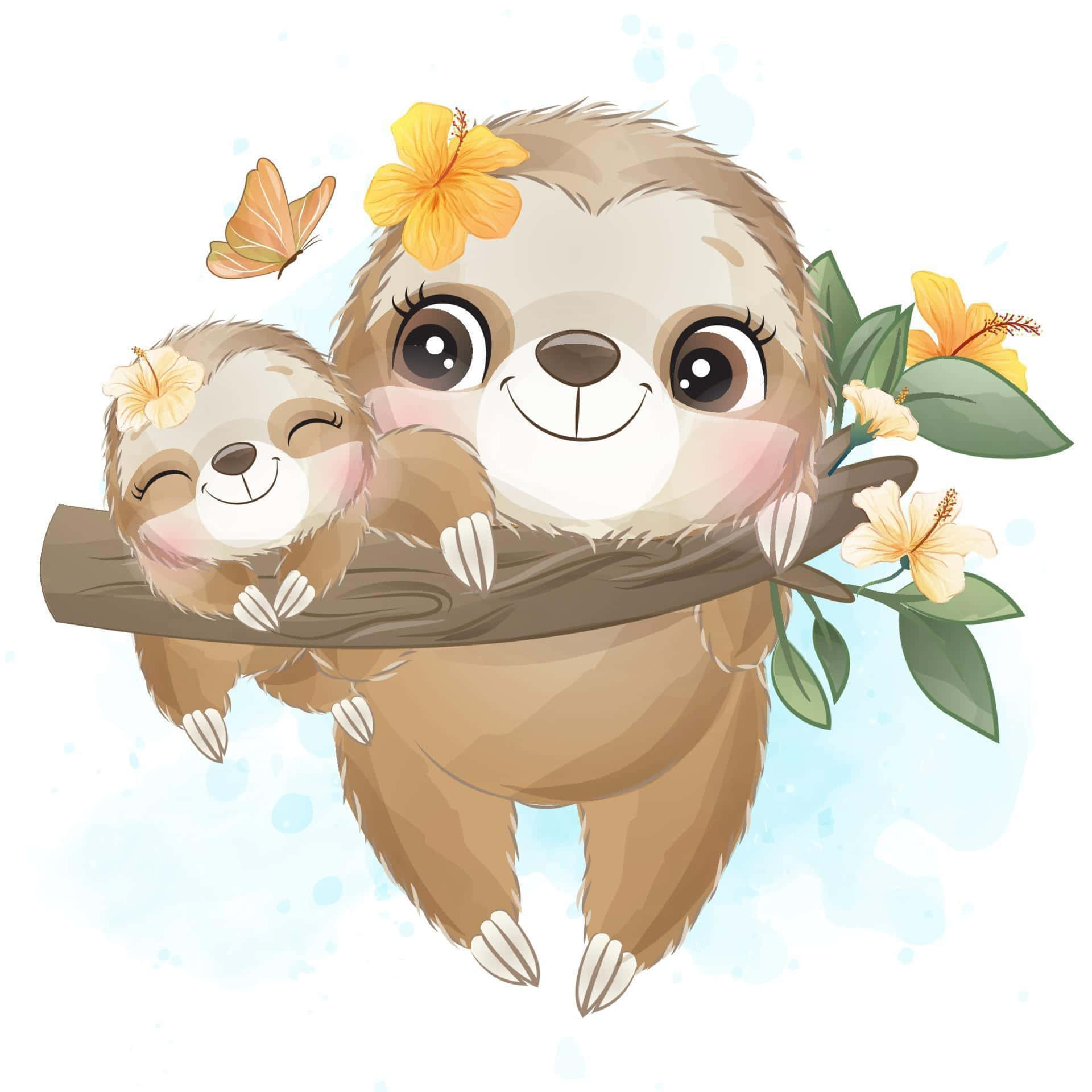 Adorable Kawaii Sloth Hanging Out on a Tree Branch Wallpaper