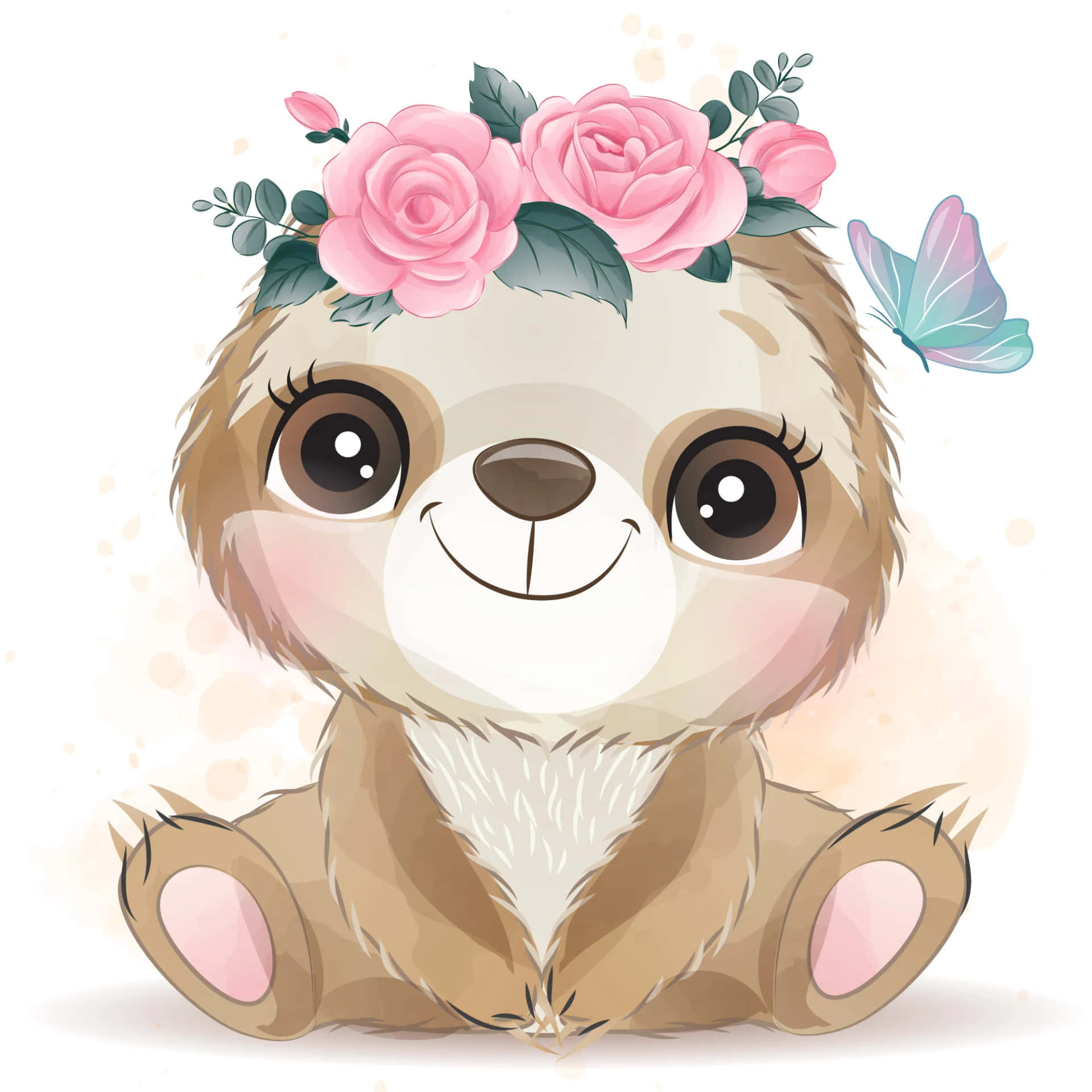 Kawaii sloth hanging on a tree branch Wallpaper