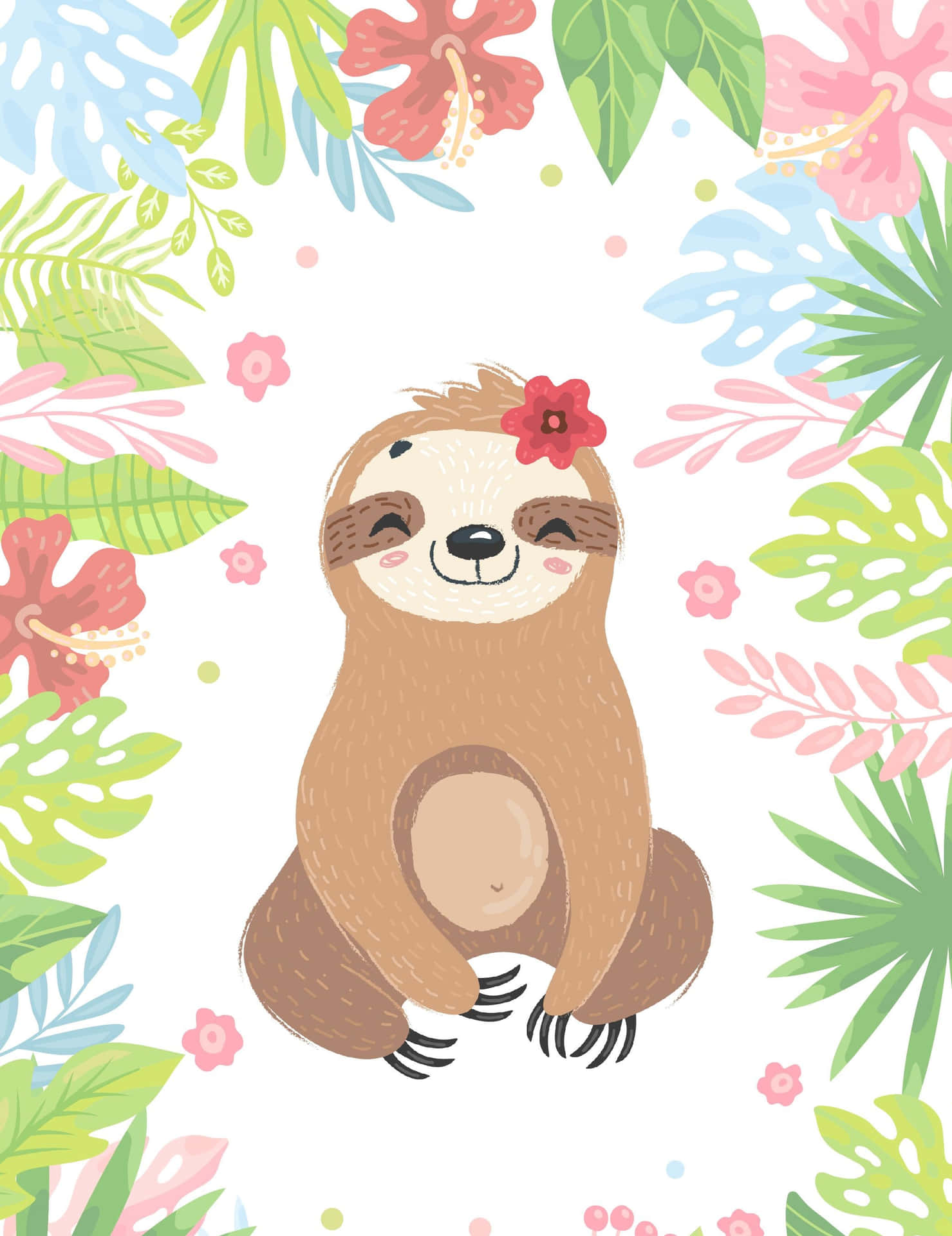 Adorable Kawaii Sloth Hanging from a Tree Wallpaper