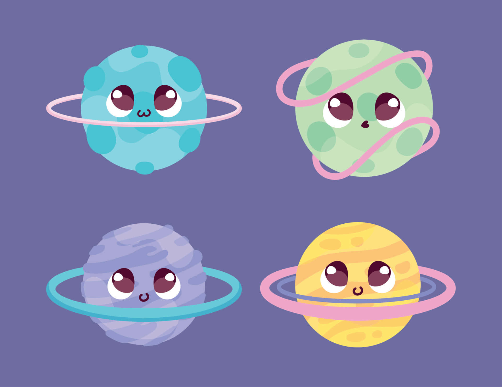 Caption: Adorable Kawaii Space Scene with Planets and Stars Wallpaper