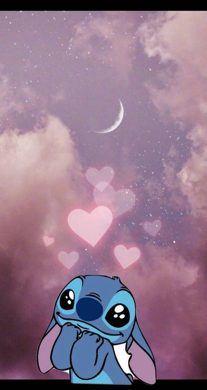 Kawaii Stitch With Hearts And Moon