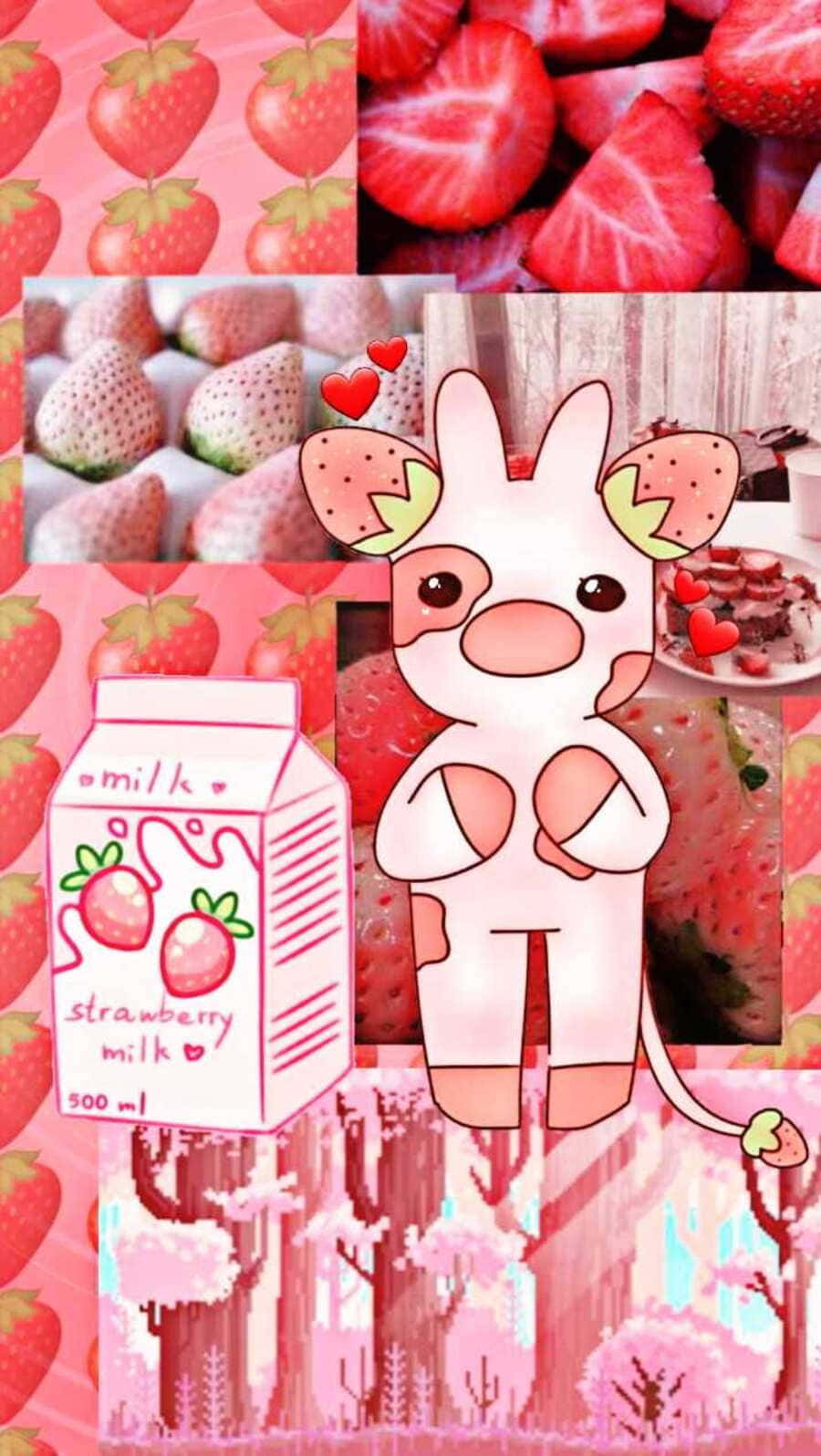 Kawaii Strawberry Cow: Irresistibly Cute and Vibrant! Wallpaper