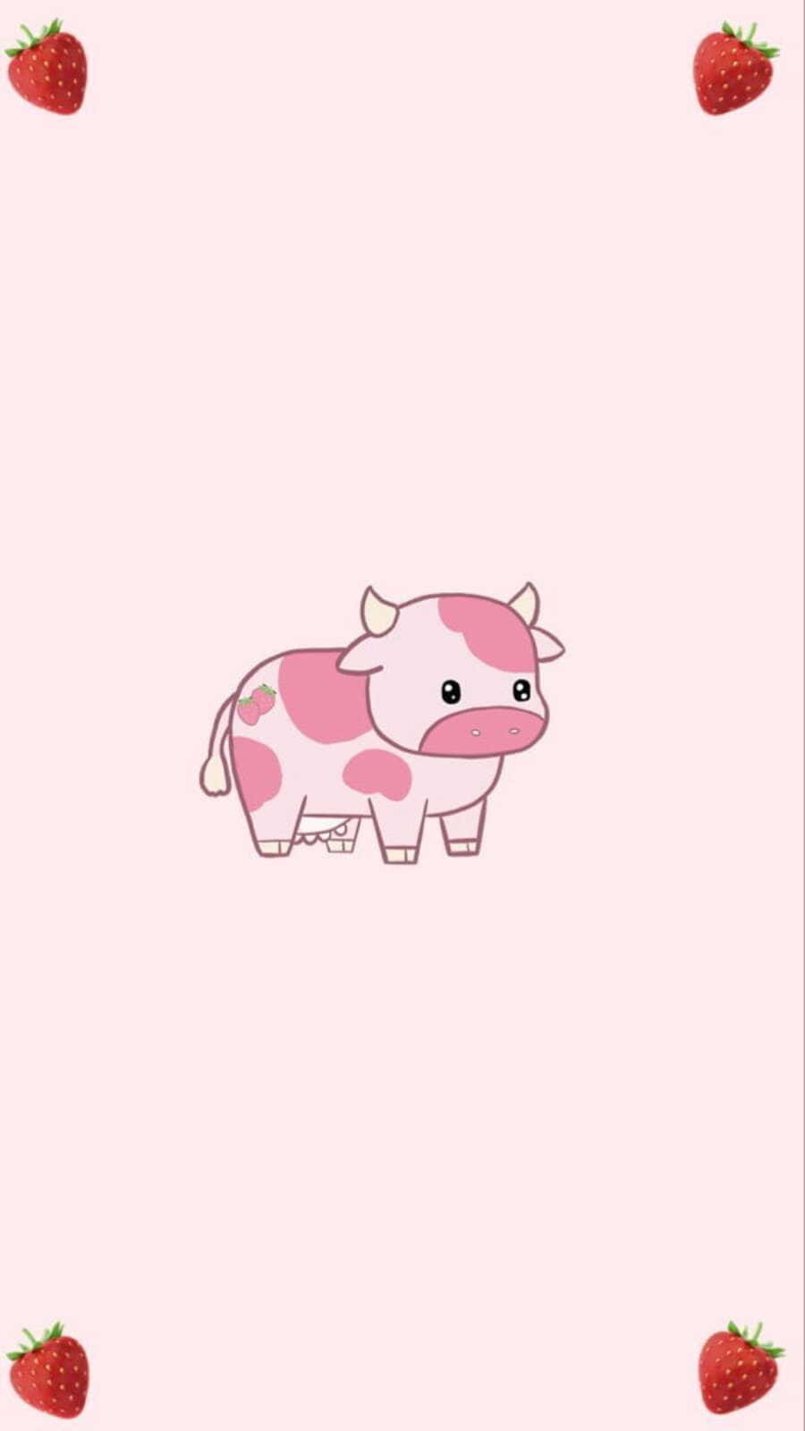 Cute Kawaii Strawberry Cow in a playful strawberry field Wallpaper