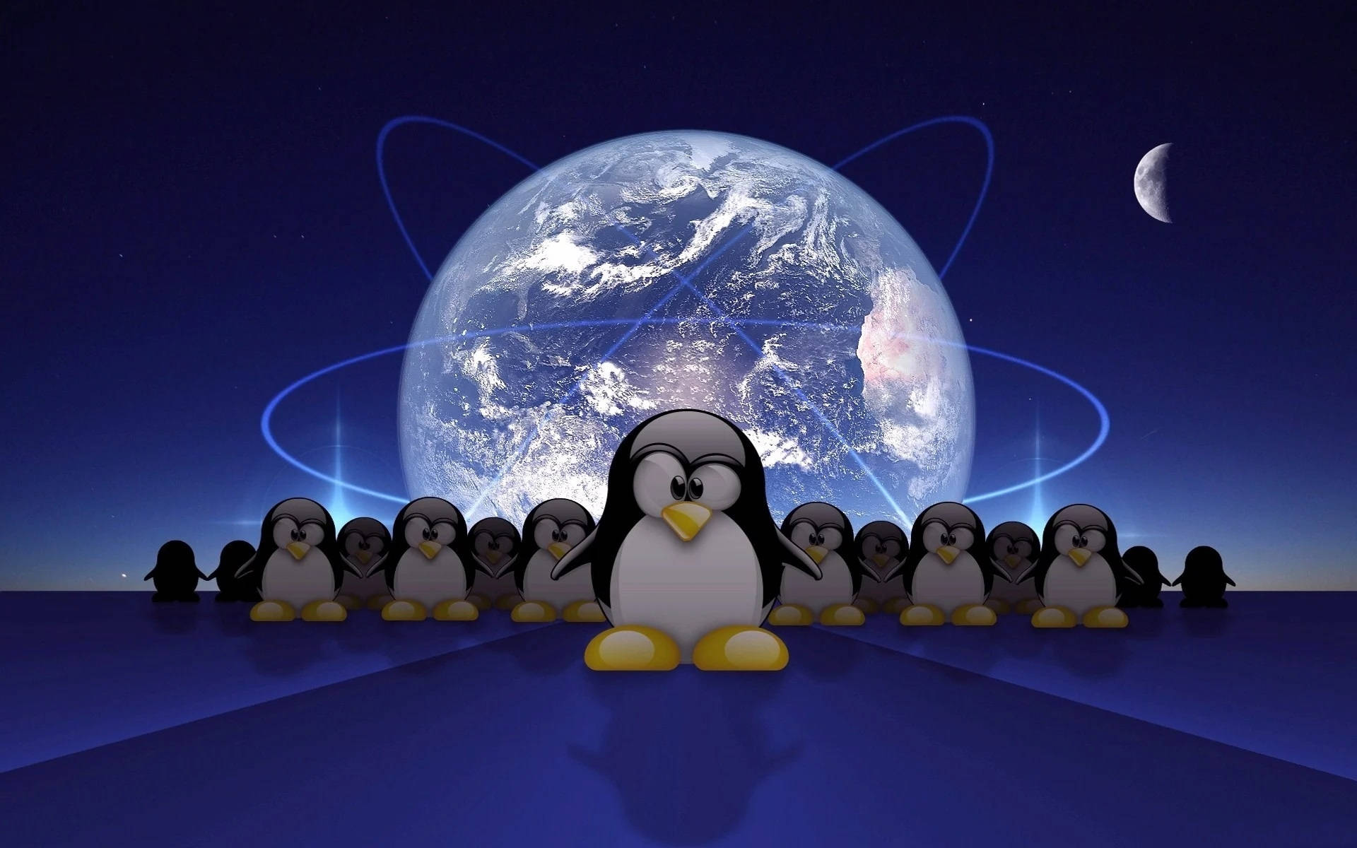 Kawaii Tux Penguins With Earth Linux Desktop Digital Art Wallpaper