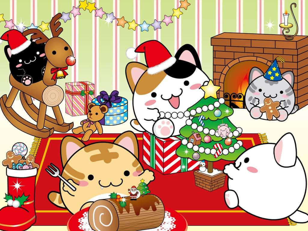 A Christmas Scene With Cats And Presents Wallpaper