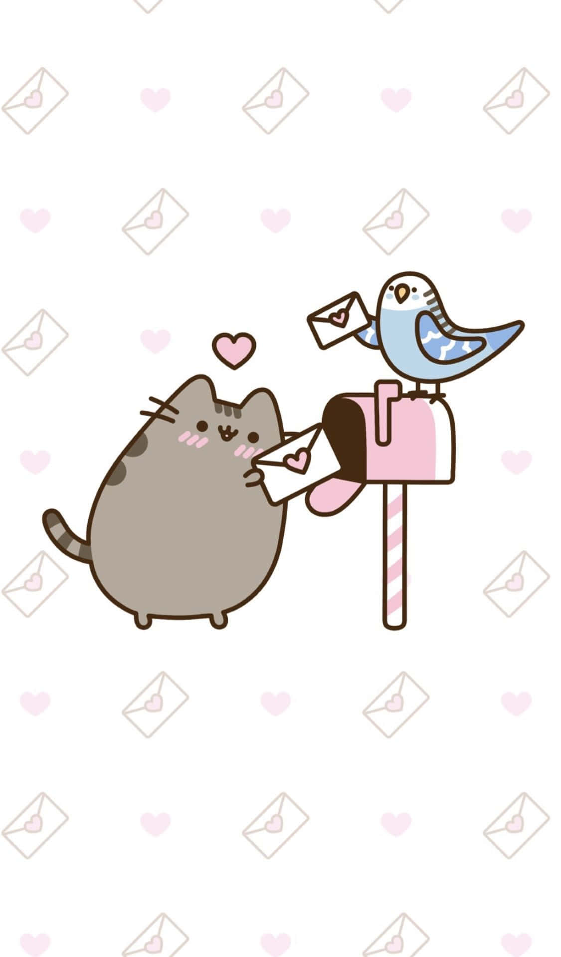 Pusheen kat og fugl i en postkasse Wallpaper