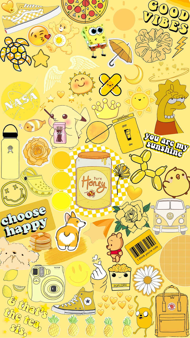 A Yellow Background With Various Stickers On It Wallpaper