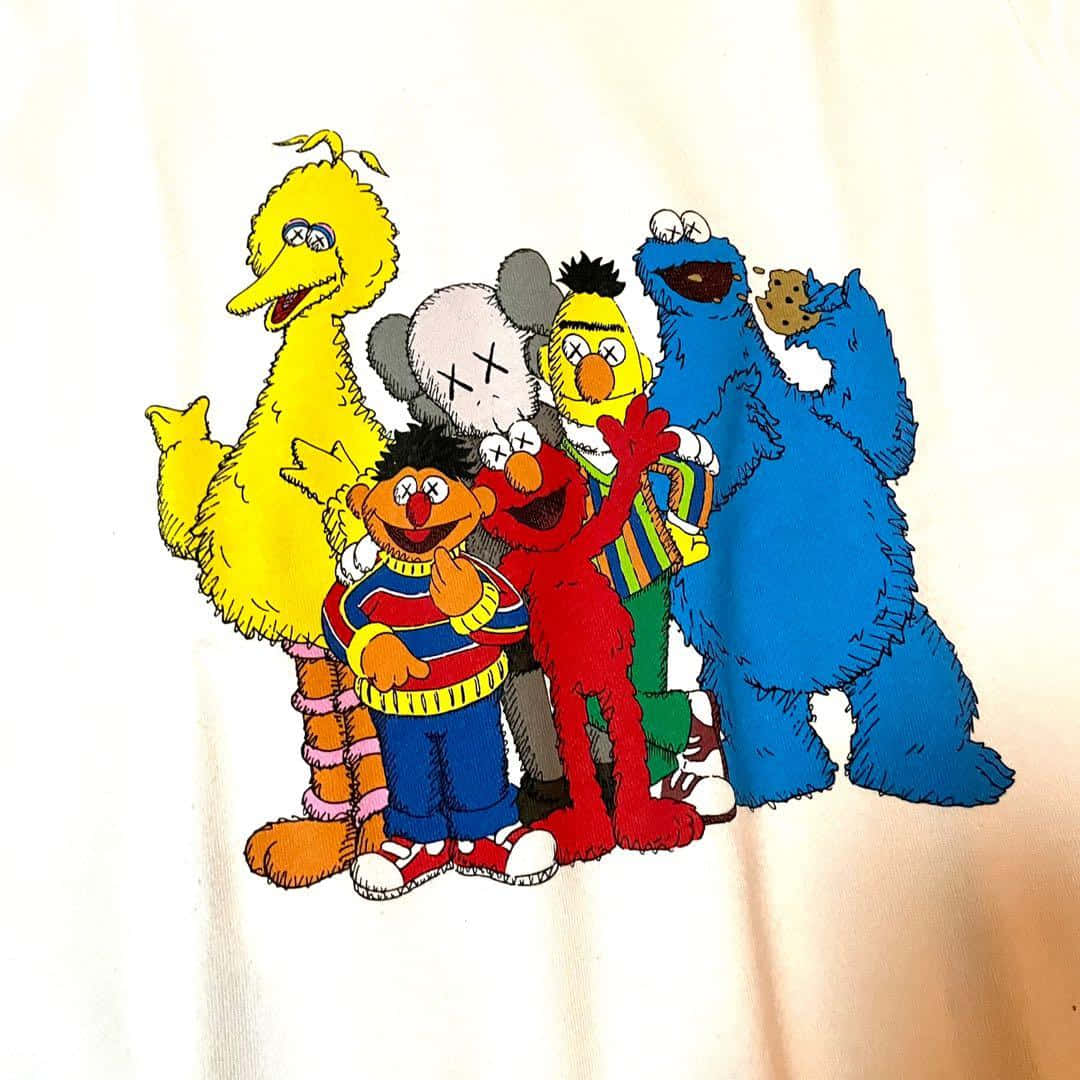 Kaws Sesame Street characters posing together in a graffiti-style artwork. Wallpaper