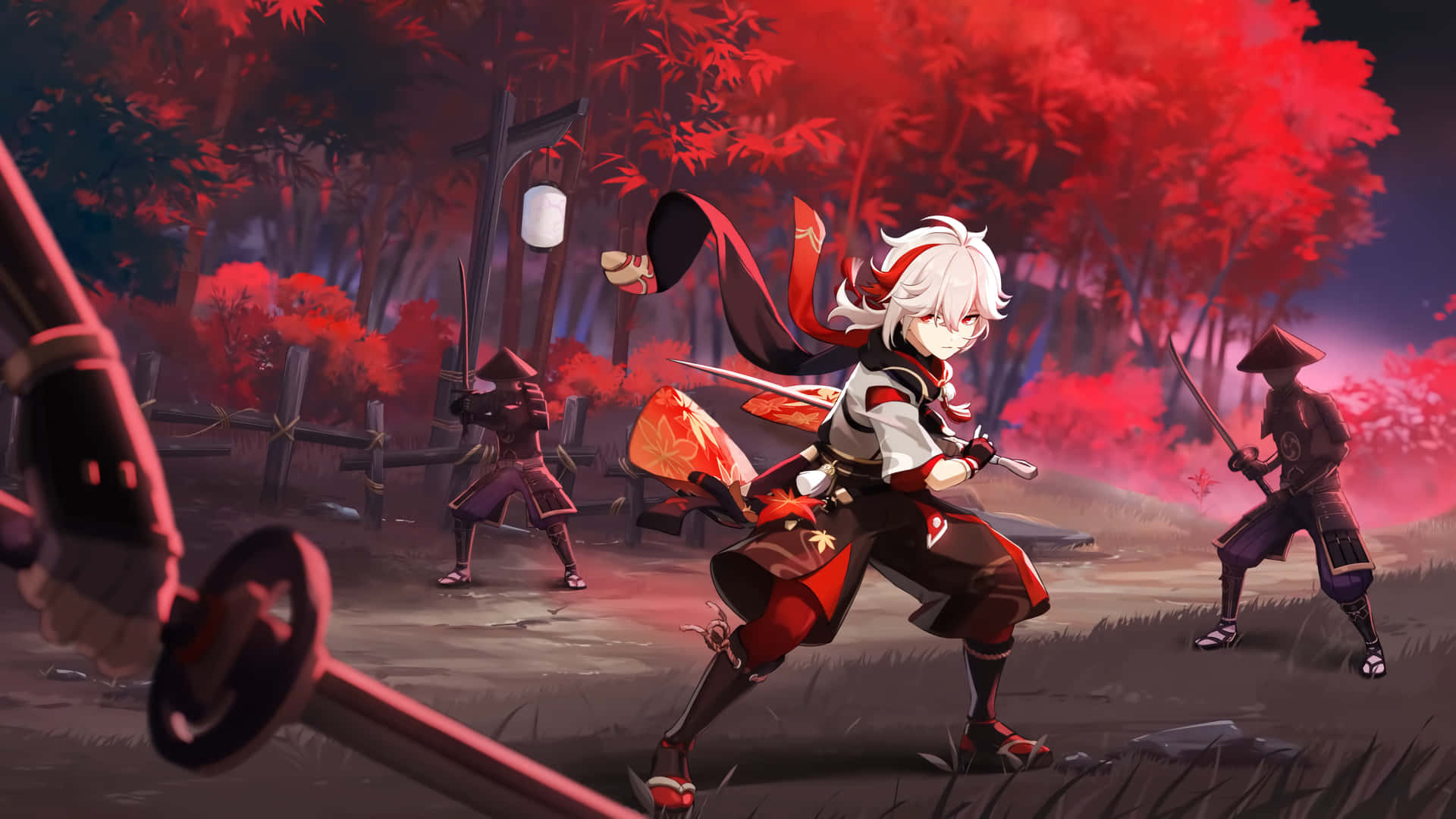 Kazuha,il Personaggio Del Videogioco Genshin Impact, Combatte Contro I Banditi. Sfondo