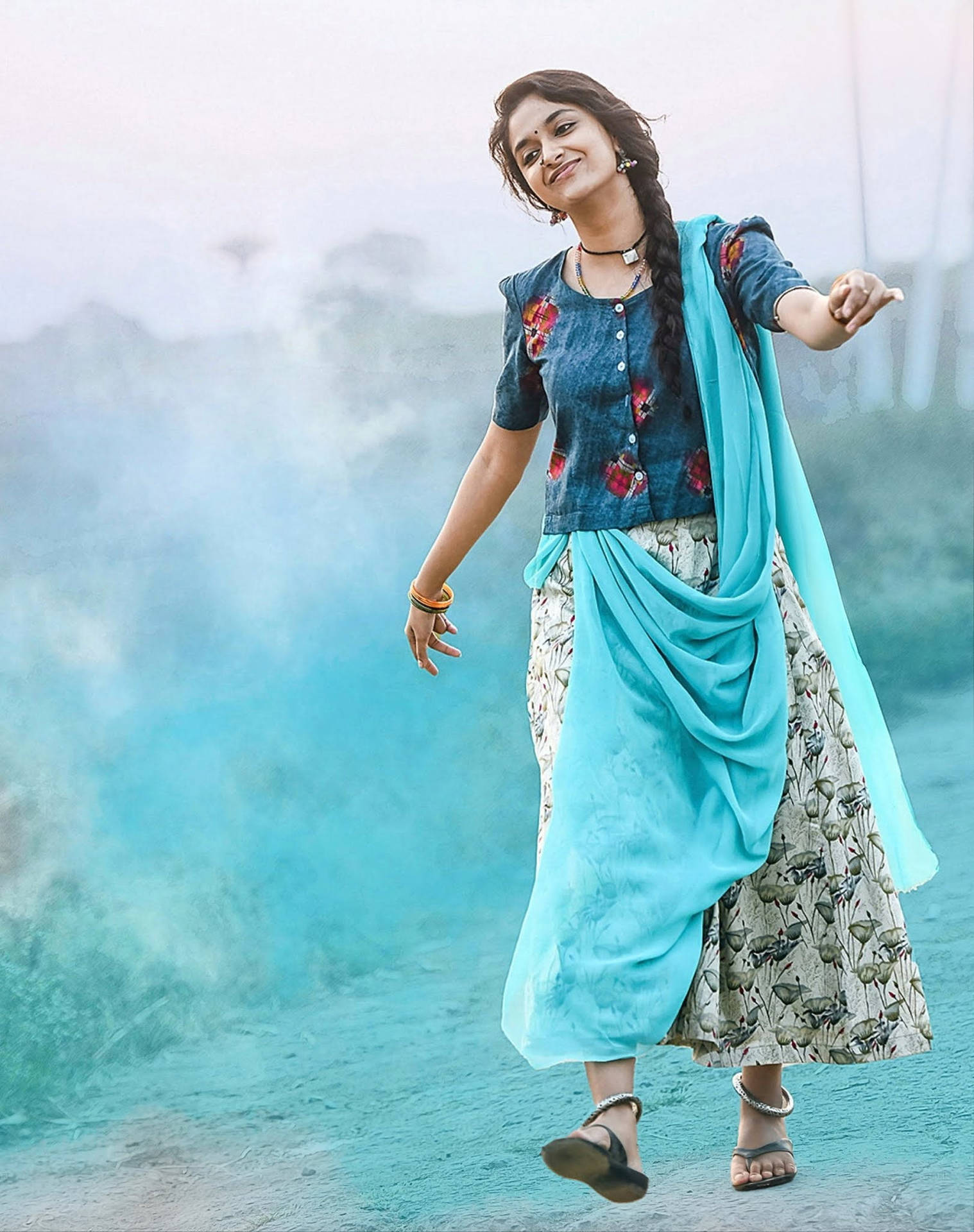 Keerthi Suresh Blue Outfit Wallpaper