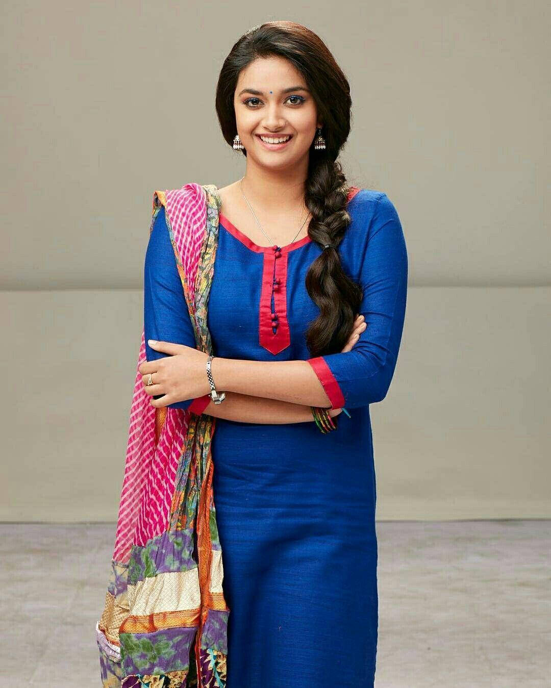 Keerthi Suresh In Blue Dress And Pink Sari HD Wallpaper