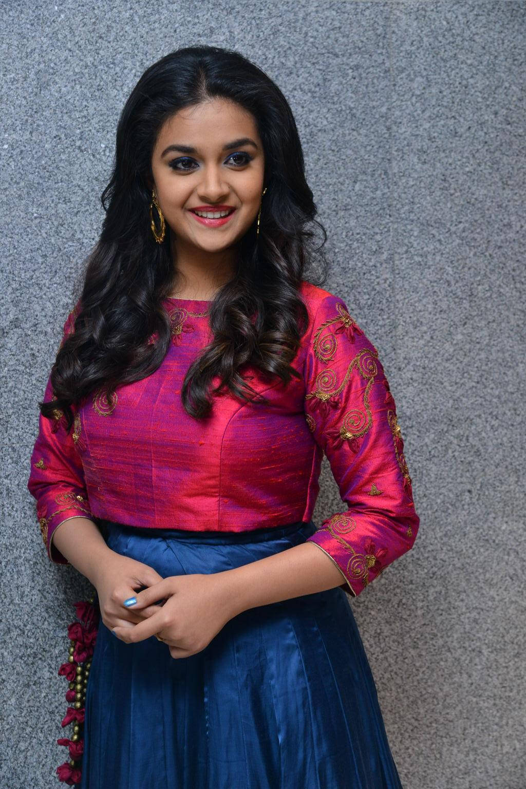 Keerthi Suresh In Pink Top And Blue Skirt HD Wallpaper