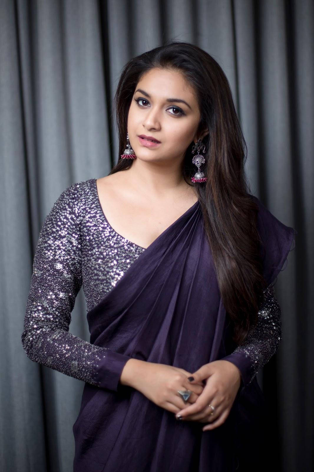 Elegant Keerthi Suresh in Purple Sari HD Wallpaper Wallpaper