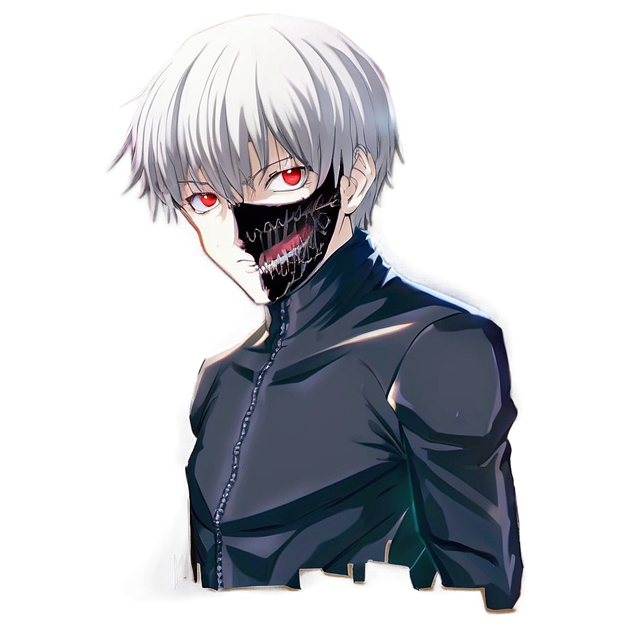 ken kaneki b PNG — A white-haired anime character with glowing red eyes and a skeletal mask smiles while wearing a dark jacket against a gray background.