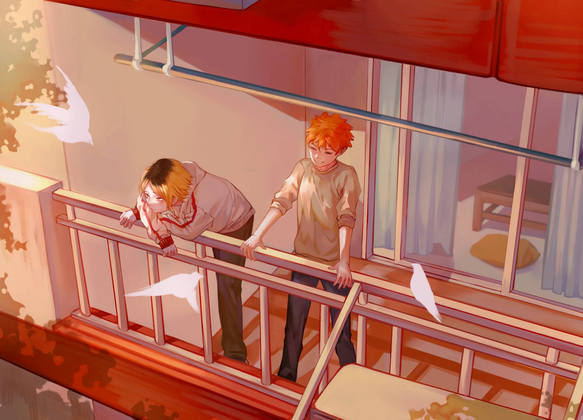 Kenma og Hinata på en altan Wallpaper