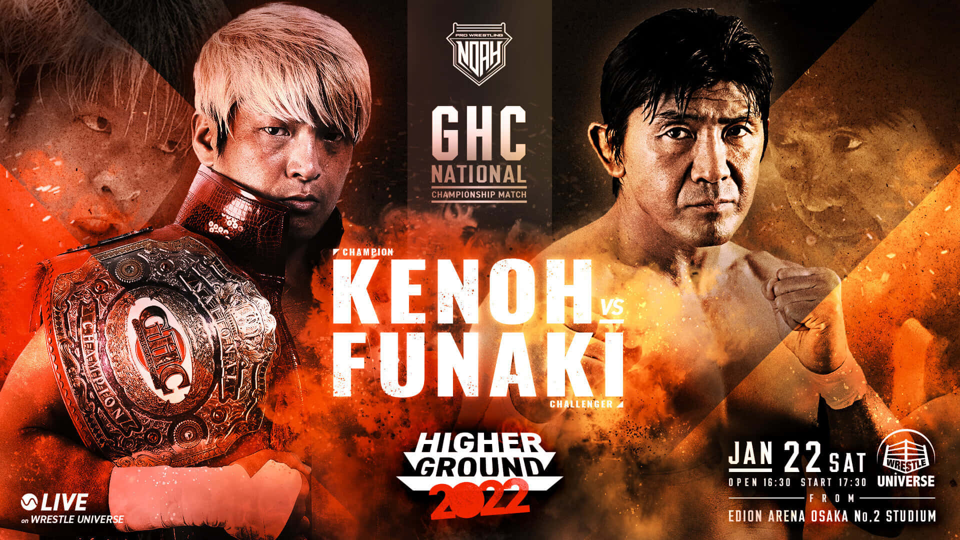 Kenoh mod Masakatsu Funaki Championship Match Wallpaper: Et billede af to wrestling legender, Kenoh og Masakatsu Funaki, der kæmper med en stærk energi. Wallpaper