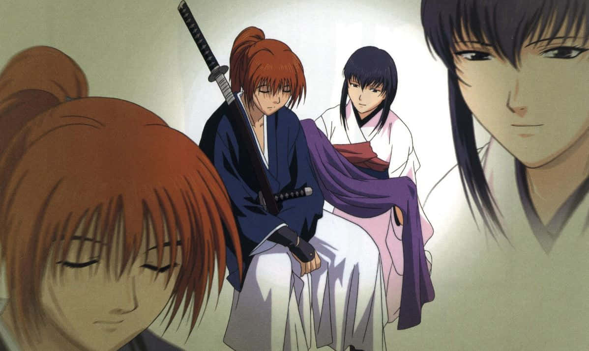 Kenshin And Kaoru Standing In A Serene Japanese Garden. Wallpaper