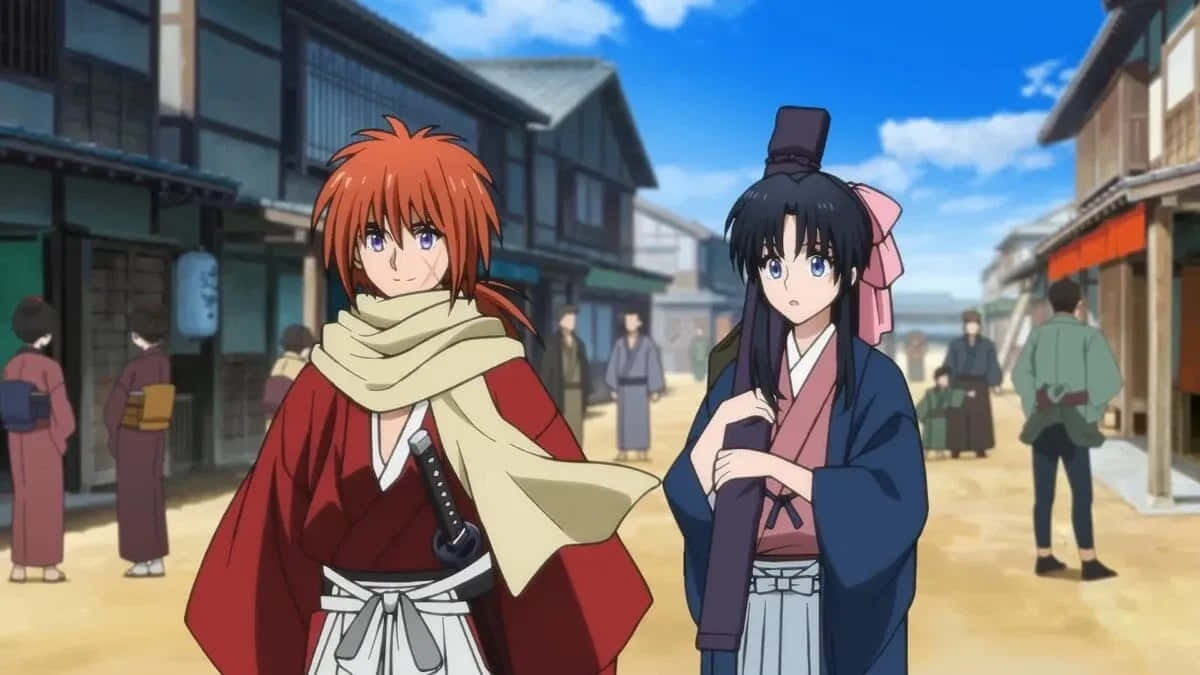 Kenshin En Kaoru In De Stad Achtergrond