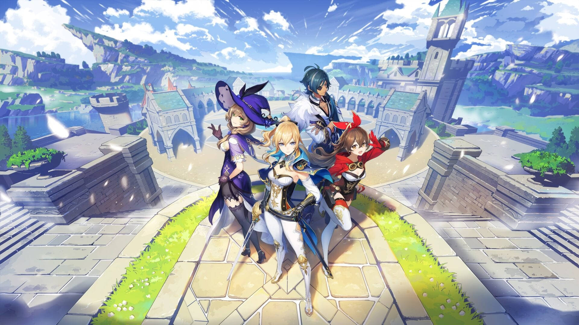 En gruppe animekarakterer står på et slot Wallpaper