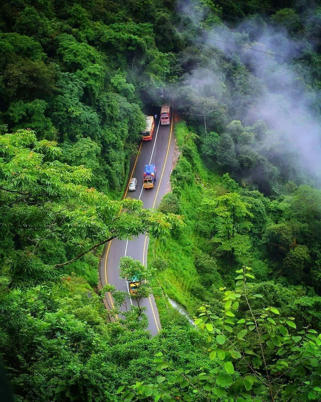 A Road In The Mountains With Trees And Fog