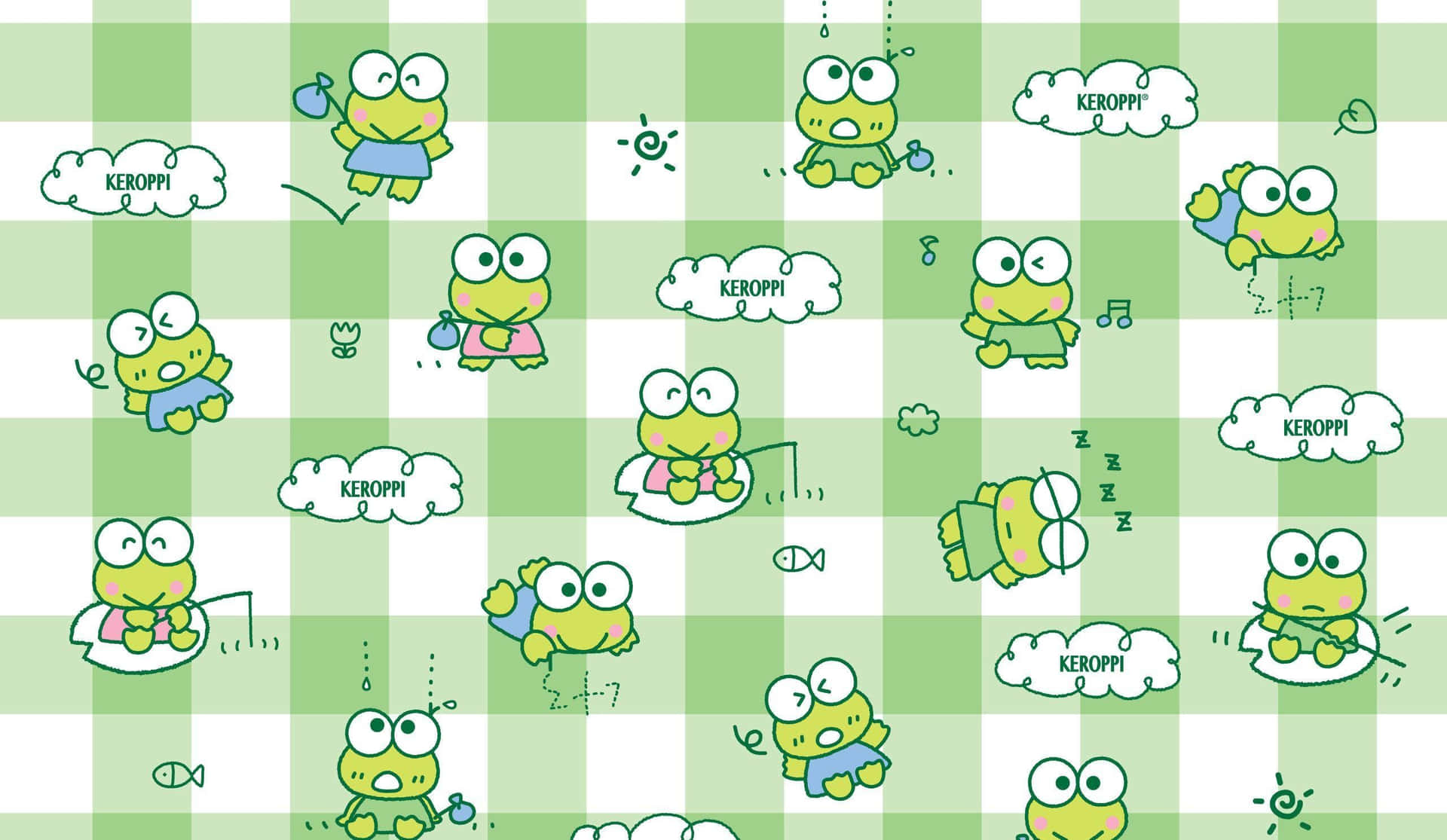 Keroppi Pattern Green Checkered Background Wallpaper
