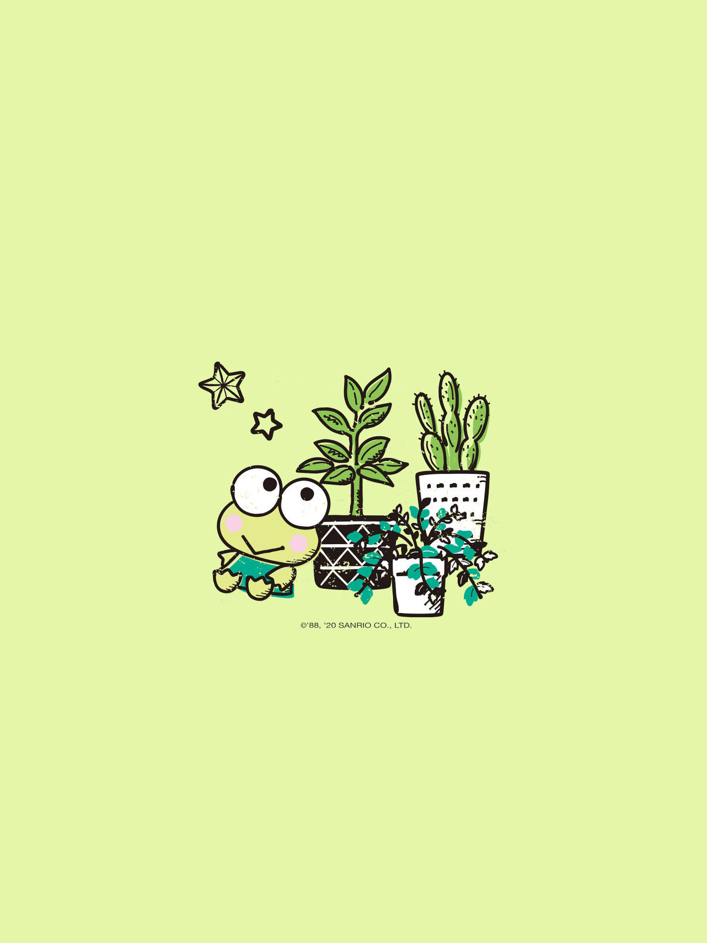 Keroppi With Three Potted Plants Wallpaper