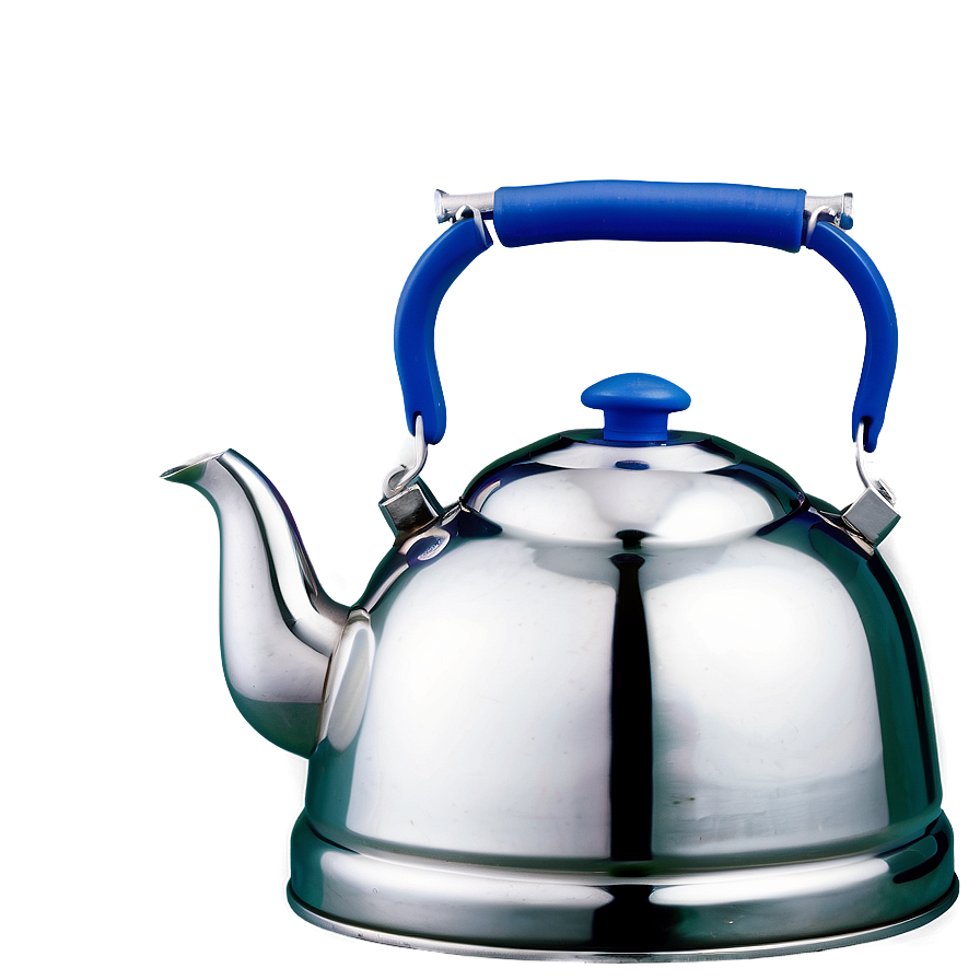 Shiny chrome kettle with blue handle and lid on gradient blue background