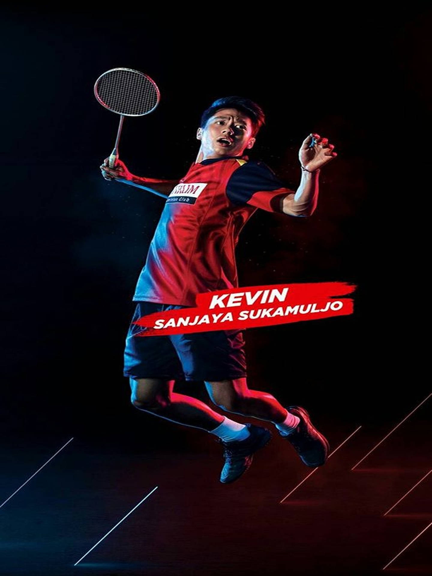 Azioneenergetica Da Kevin Sanjaya In Una Partita Di Badminton Ad Alta Tensione. Sfondo