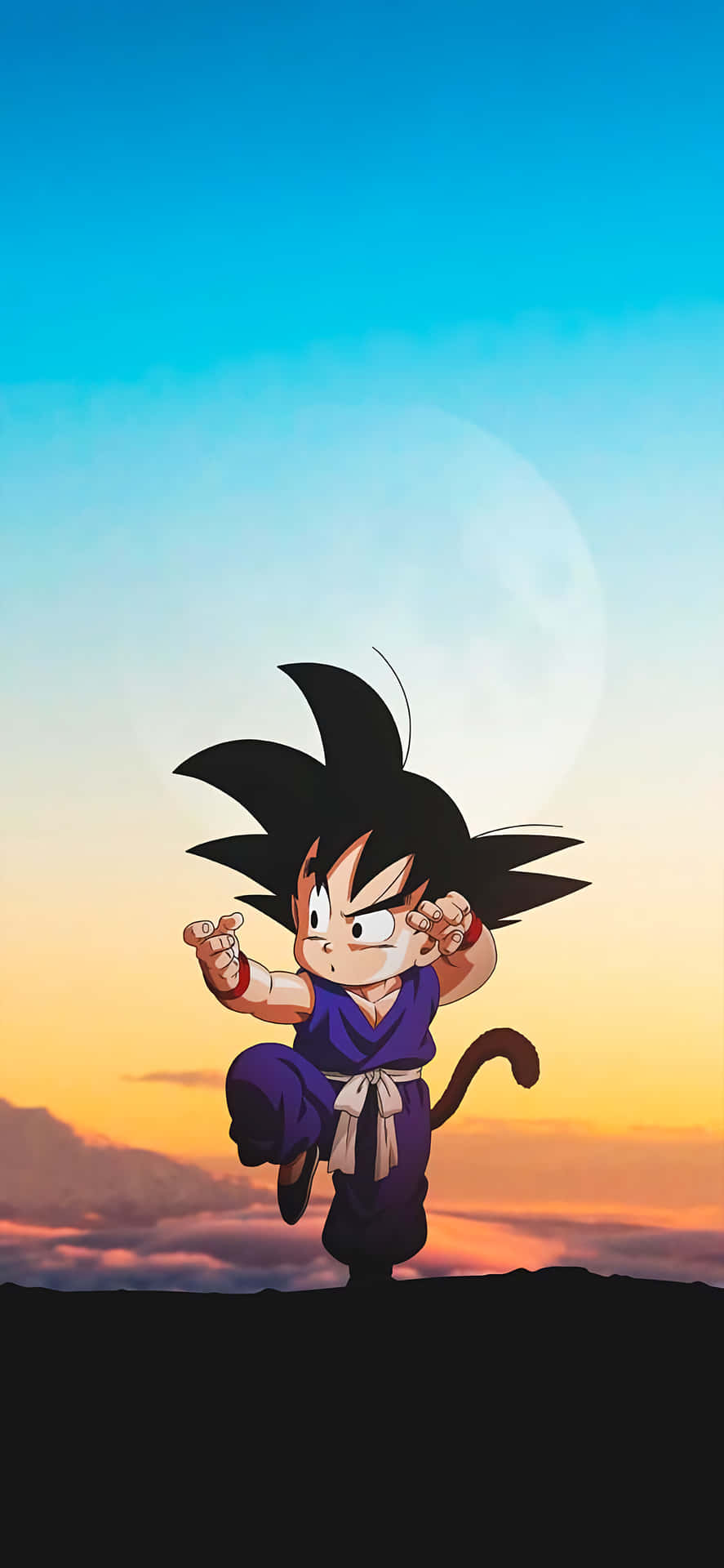 Kid Goku, den modige og magtfulde barnshelt, svæver højt over skyerne på sin Nimbus sky. Wallpaper