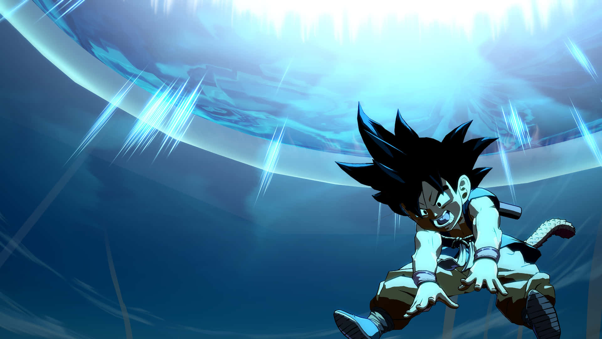 Billede Kid Goku mestrer kampsport på en baggrund af vandet. Wallpaper