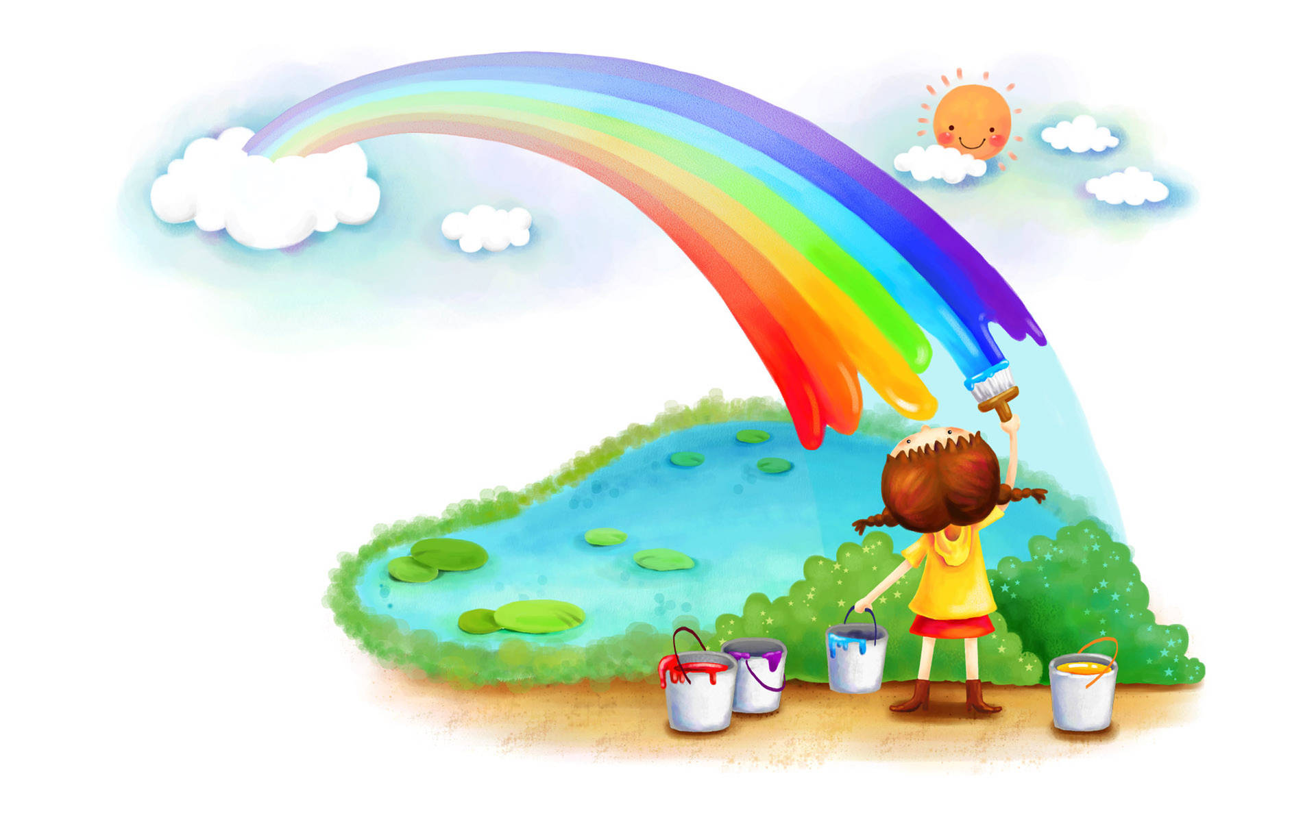 A joyful child painting a vibrant rainbow. Wallpaper