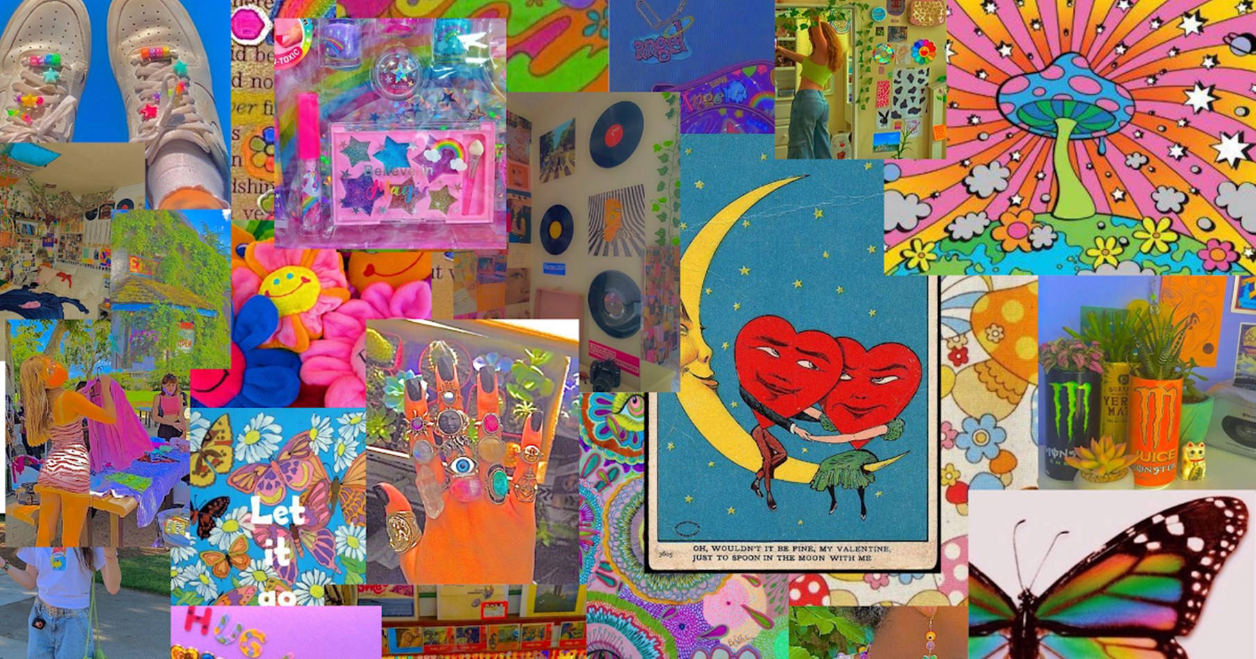 A Collage Of Colorful Pictures And Butterflies Wallpaper