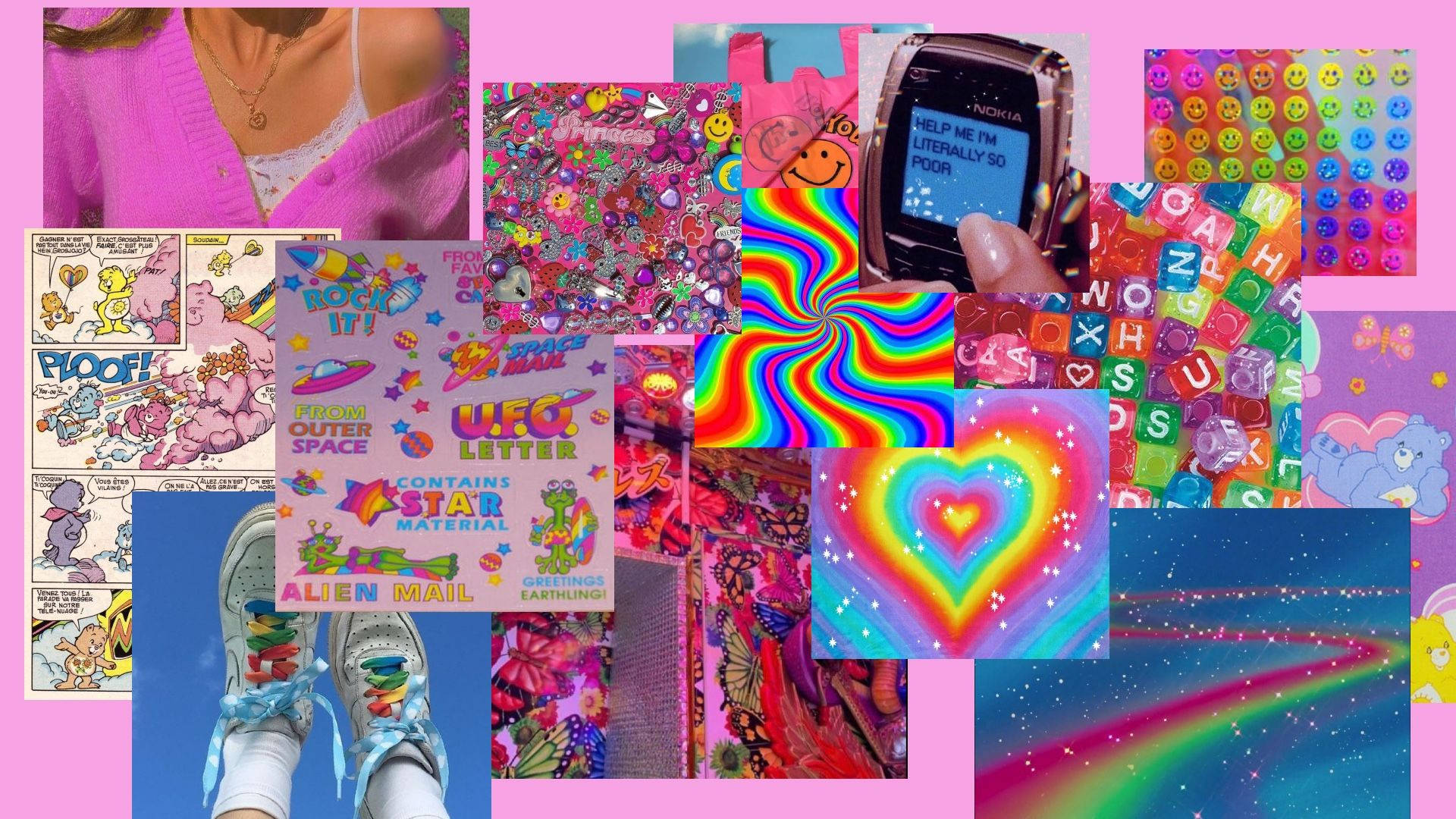 A Collage Of Pictures Of A Girl With A Pink Phone Wallpaper